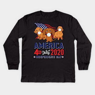 Dachshund Dogs With US Flag And Face Masks Happy America 4th July Of 2020 Independence Day Kids Long Sleeve T-Shirt